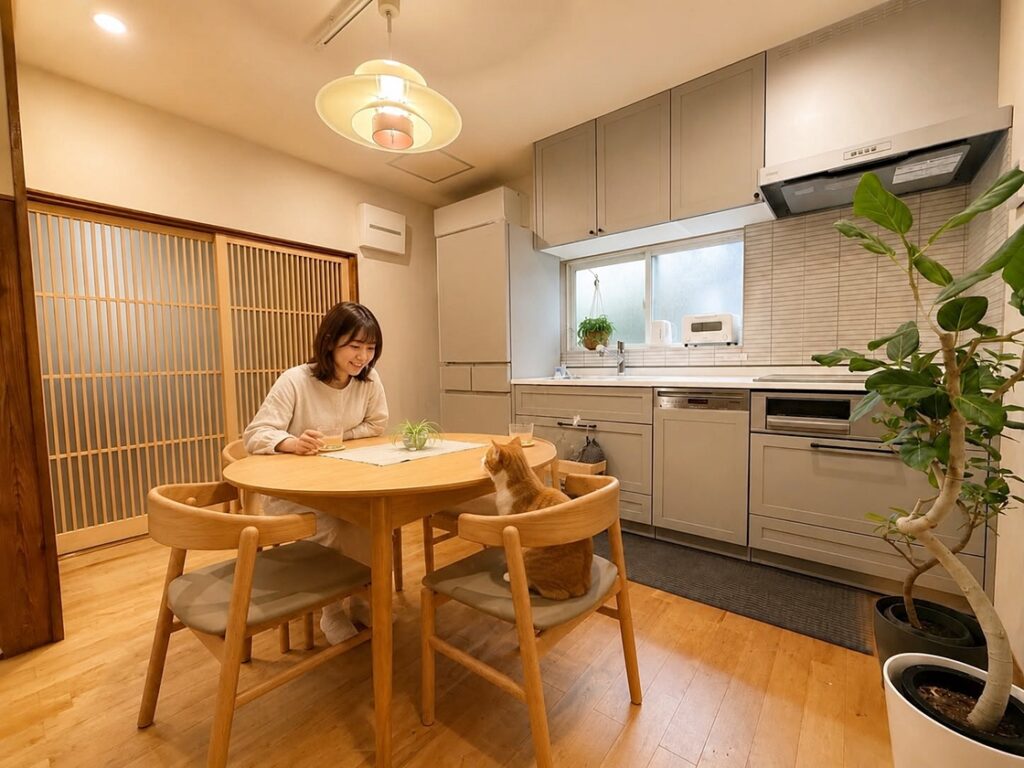 ひよりさんがモデルルームのキッチンにいる自然な暮らしのシーン
